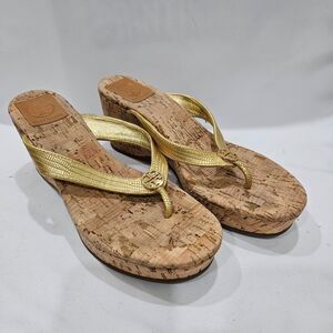 Tory Burch Gold Metallic Cork Wedge Flip Flops
